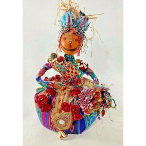 Handcrafted Tribal Decorative Doll Beaded Feathers Cowrie Shells Unique Charms